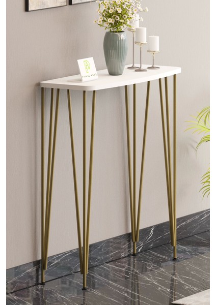 100 cm Beyaz Dresuar Kahve Köşesi Konsol Modern Raf Metal Boru Gold Ayaklı