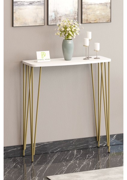 100 cm Beyaz Dresuar Kahve Köşesi Konsol Modern Raf Metal Boru Gold Ayaklı