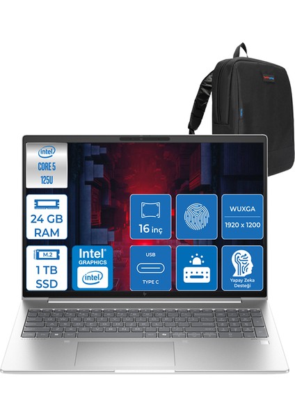 Elitebook 660 G11 Ultra5 125U 24GB Ddr5 1tb SSD 16"' Fhd Wuxga Windows 11 Pro Taşınabilir Bilgisayar H9C005EAP05 + Zettaçanta