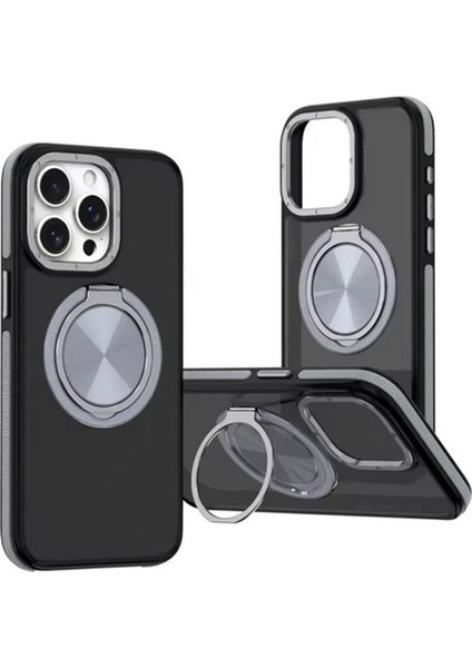 iPhone 16 Plus ile Uyumlu Kılıf Double Color Magsafe ile Uyumlu Stand Olabilen 360° Dönen Halka Ring Tutuculu Already Magnetic Wireless iphone ile Uyumlu Kılıf Kapak Siyah-Gri