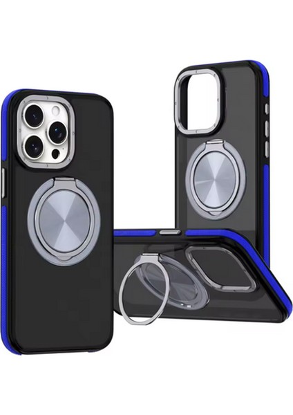 iPhone 16 Plus ile Uyumlu Kılıf Double Color Magsafe ile Uyumlu Stand Olabilen 360° Dönen Halka Ring Tutuculu Already Magnetic Wireless iphone ile Uyumlu Kılıf Kapak Siyah-Lacivert