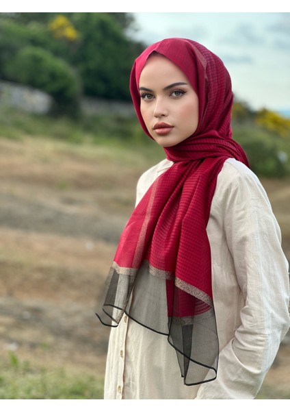 %40 Ipekli Organize Tül Şal - Bordo