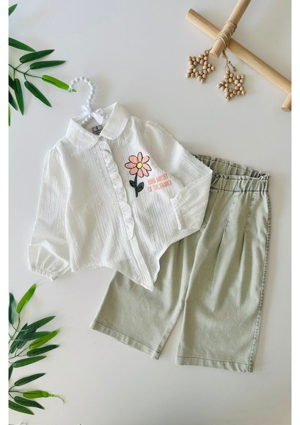 Papatya Baskılı Bağlama Detaylı Bol Pantolunlu Kız Çocuk 2 li takım - Beyaz