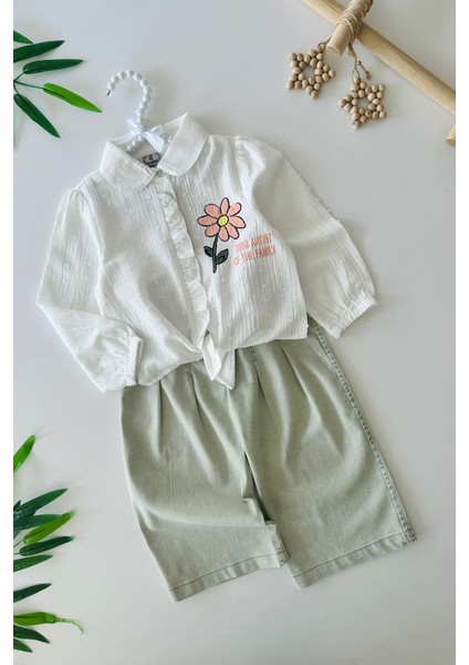 Papatya Baskılı Bağlama Detaylı Bol Pantolunlu Kız Çocuk 2 li takım - Beyaz fiyatları