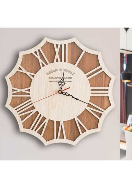 C.e.b Lazer Kesim Mdf Ahşap Katmanlı Geometrik Roma Rakamlı Dekorlu Tasarım Duvar Saati