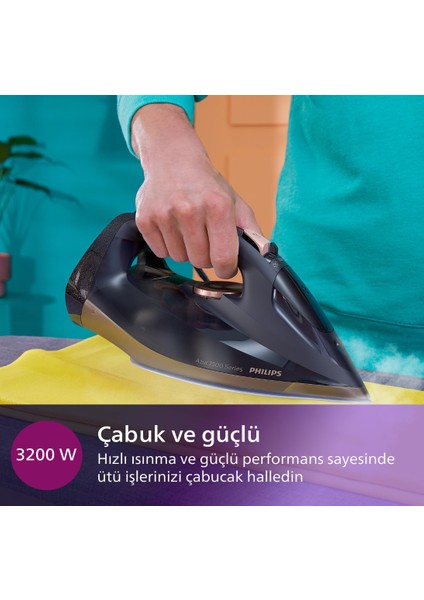 7500 Serisi Azur Buharlı Ütü 3200W, 55G/DK Sürekli Buhar, 260G Şok Buhar, DST7510+TÜY&HAV Toplayıcı-Hediyeli