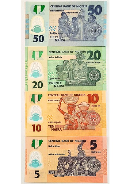 Nijerya 5-10-20-50 Naira Polymer, Yabancı Kağıt Para Seti "çil"