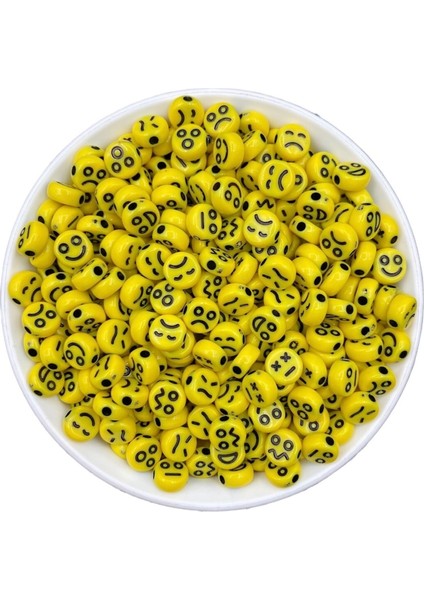 25GR 10MM Karışık Emoji Surat, Sarı Renk Karışık Ifadeler, Surat, Yüz Boncuk (25 Gr, ~70 Adet)
