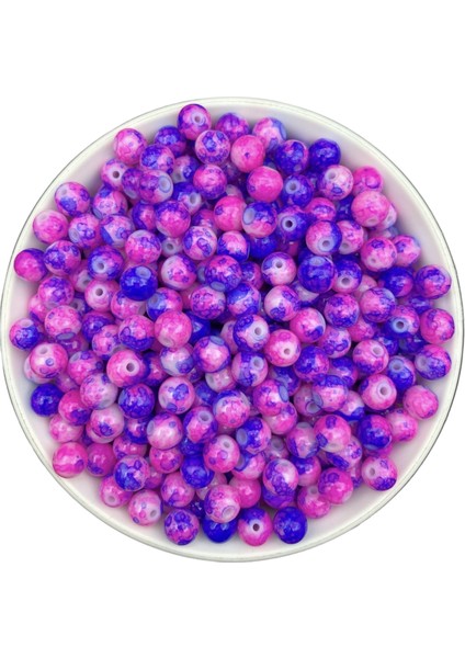 50GR 8mm Desenli Fuşya - Mavi Renkli Cam Inci Boncuk,takı Yapımı,hobi Boncuğu (~70 Adet)
