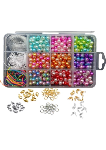 Kutulu 8mm Renki Ebruli Inci Boncuk ve Metal Kapama Takı Yapım Seti, Hobi Boncuğu