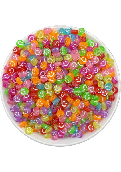 25GR Yassı Karışık Renkli Şeffaf Zemin Üzeri Smile, 4X7MM Gülen Yüz Boncuk (25 Gr, ~190 Adet)