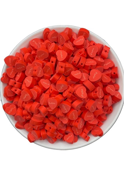 25 Adet Polimer Kil Üzeri Love Yazılı Kırmızı Kalp Fimo, Figür Boncuk,hobi ve Takı Yapımı