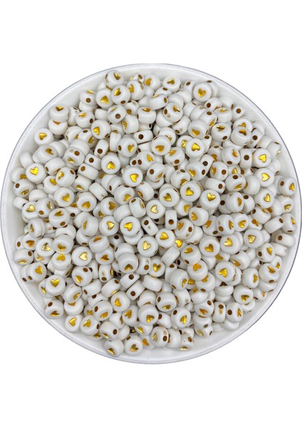 25GR Yassı Beyaz Üzeri Gold Kalp Boncuk, Basık 4X7MM Kalp Takı Yapım Boncuğu (25 Gr, ~160 Adet)