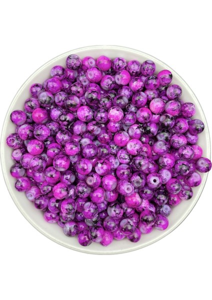 50GR 8mm Desenli Fuşya - Siyah Ebruli Renkli Cam Inci Boncuk,takı Yapımı,hobi Boncuğu (~70 Adet)