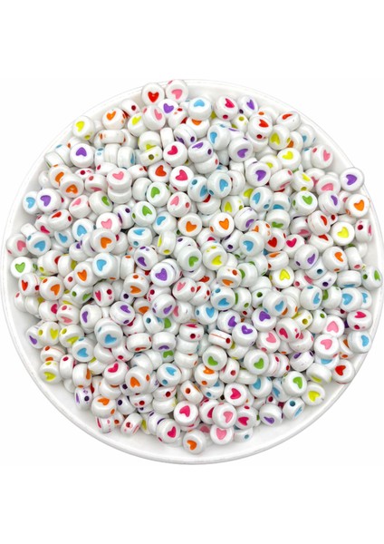 25GR Yass Basık Beyaz Üzeri Renkli Kalp Boncuk, 4X7MM Kalp Takı Yapım Boncuğu (25 Gr, ~200 Adet)