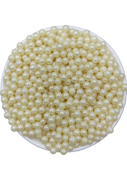 6mm Janjanlı Kremi Deliksiz Inci Boncuk, Deliksiz Plastik Çakma Incisi (25GR,~200 Adet)