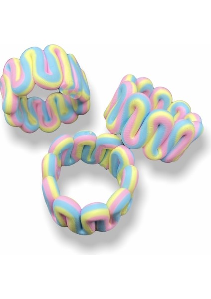 Polimer Kil Sarı - Pembe - Mavi Renkli Şeritli Dalgalı Model El Yapımı Yüzük,chunky Clay Yüzük