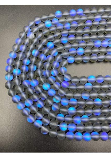 8mm Gri - Mavi Renk Yansımalı Janjanlı Lazerli Mat Buzlu Cam Boncuk DIZISI,40CM Cam Boncuk Dizisi