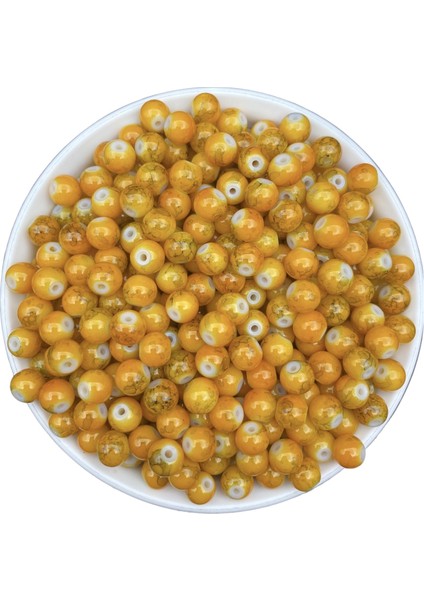 50GR 8mm Desenli Sarı Renk Damarlı Cam Inci Boncuk,takı Yapımı,hobi Boncuğu (~70 Adet)