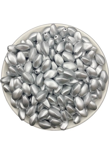Burgulu Mat Metalik Gümüş / Nikel Renk Boncuk 8X14MM, Çanta Yapım Boncuğu ( 100GR, ~170 Adet) modelleri
