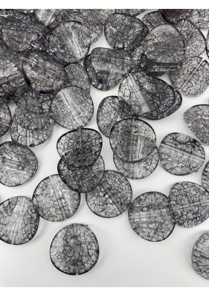 100GR Gri / Füme Renk 26MM Yassı Cips Model Çatlak Akrilik Boncuk, Çanta Boncuğu (~ 44 Adet)