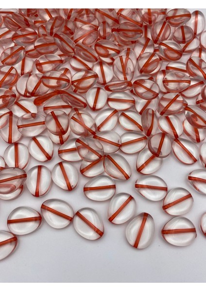 100GR Içi Kırmızı Çizgili Şeffaf Ince Yassı Badem Model Boncuk,çanta Yapım Boncuğu (~44 Adet)