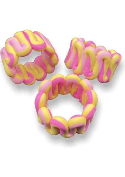 Polimer Kil Sarı-Pembe-Fuşya Renkli Şeritli Dalgalı Model El Yapımı Yüzük, Chunky Clay Yüzük