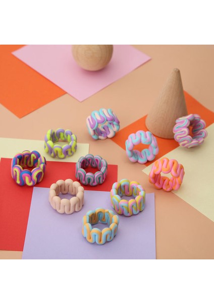 Polimer Kil Sarı-Pembe-Fuşya Renkli Şeritli Dalgalı Model El Yapımı Yüzük, Chunky Clay Yüzük modelleri