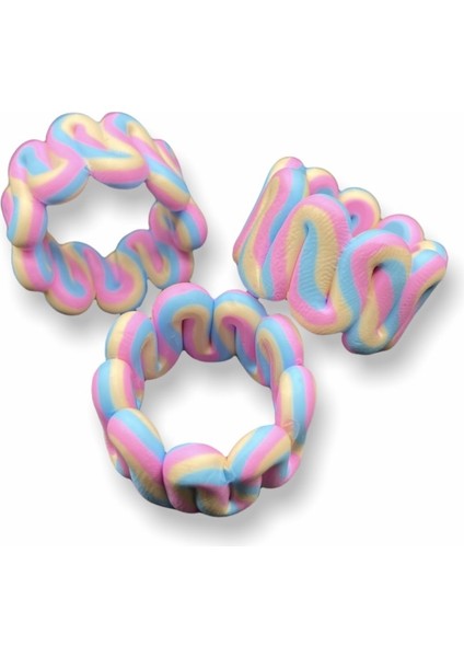 Polimer Kil Sarı-Mavi-Pembe Renkli Şeritli Dalgalı Model El Yapımı Yüzük, Chunky Clay Yüzük