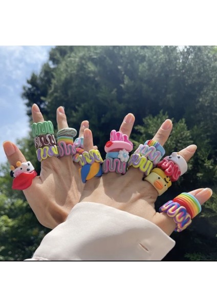 Polimer Kil Sarı-Mavi-Pembe Renkli Şeritli Dalgalı Model El Yapımı Yüzük, Chunky Clay Yüzük fiyatları