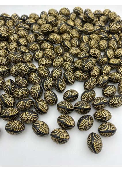 Siyah Üzeri Gold Antik Desenli 20X16MM Badem Boncuk, Takı Çanta Aksesuar Boncuğu (100GR ~40ADET)