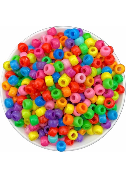 Geniş Delikli Karışık Renkli Plastik BONCUK,9X6MM Yassı Silindir Model Takı Boncuğu (25GR,~60 Adet)
