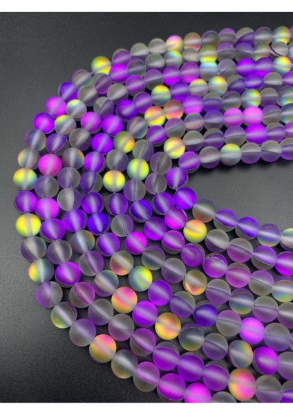10MM Mor-Şeffaf-Sarı Yansımalı Janjanlı Lazerli Mat Buzlu Cam Boncuk DIZISI,40CM Cam Boncuk Dizisi