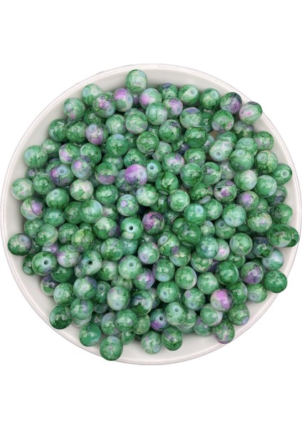 50GR 8mm Desenli Yeşil - Fuşya Ebruli Renkli Cam Inci Boncuk,takı Yapımı,hobi Boncuğu (~70 Adet)