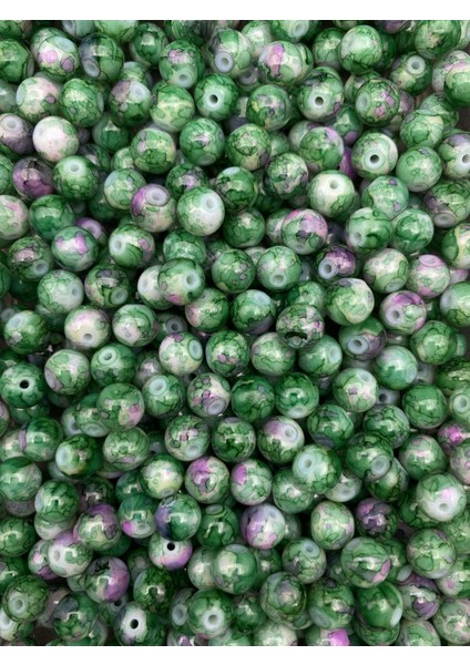 50GR 8mm Desenli Yeşil - Fuşya Ebruli Renkli Cam Inci Boncuk,takı Yapımı,hobi Boncuğu (~70 Adet)