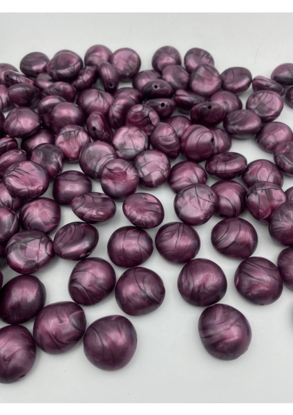 100GR Mor / Mürdüm Renk Bombeli Yassı Basık Model Ebruli Karamel Boncuk,çanta Boncuğu (~26ADET )