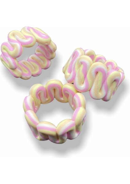 Polimer Kil Sarı - Pembe - Beyaz Renkli Şeritli Dalgalı Model El Yapımı Yüzük,chunky Clay Yüzük