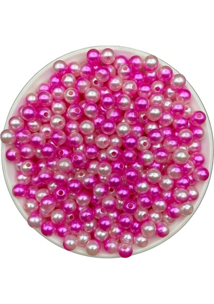 8mm Fuşya - Beyaz Renkli Ebruli Inci Boncuk, Takı Yapım,hobi, Çanta Boncuğu (50GR, ~200 Adet)