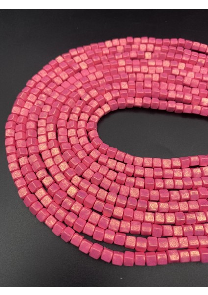 6mm Küp Model Fimo,fuşya Renk Üzeri Yaldız,sedefli, Simli Fimo Boncuk Dizisi, Polimer Kil 40CM Dizi