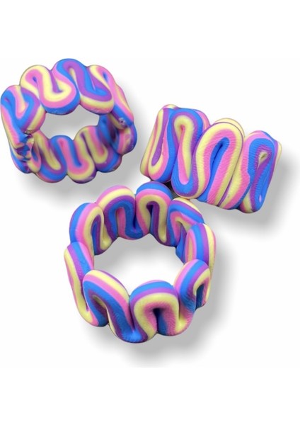 Polimer Kil Mavi-Sarı-Pembe-Mor Renkli Şeritli Dalgalı Model El Yapımı Yüzük, Chunky Clay Yüzük