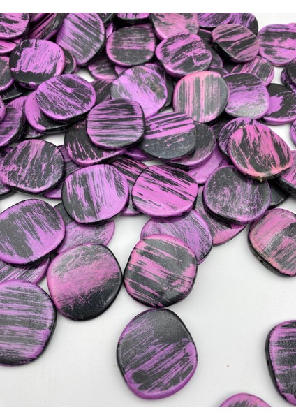 100GR Simli Yassı Siyah Üzeri Mor Renk Fırça Boyalı Akrilik Boncuk, Çanta Boncuğu (~17ADET)