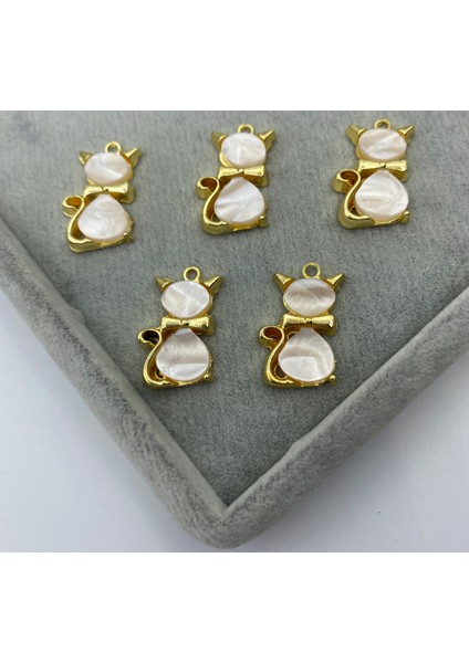 1 Adet ,sedefli Krem Altın Kaplama Kedi Figürü Kolye,küpe Ucu