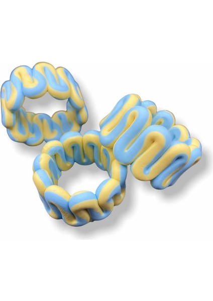 Polimer Kil Sarı - Mavi Renkli Şeritli Dalgalı Model El Yapımı Yüzük,chunky Clay Yüzük