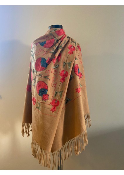 Nar Desen Nakışlı Kışlık Omuz Şalı - Camel