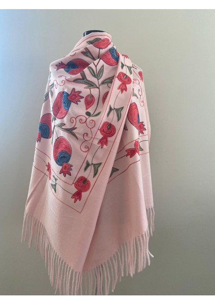 Nar Desen Nakışlı Kışlık Omuz Şalı - Pudra