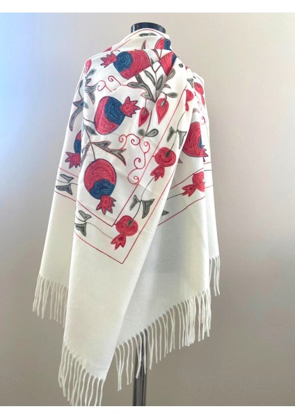 Nar Desen Nakışlı Kışlık Omuz Şalı - Beyaz
