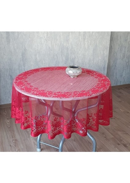 Güllü Desen Yuvarlak Masa Örtüsü (Kırmızı)