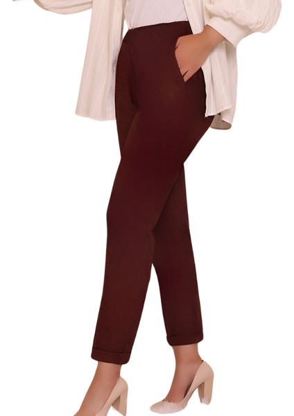 Kısmet Sepeti Kadın Scuba Krep Duble Paça Bel Lastikli Bordo Pantolon