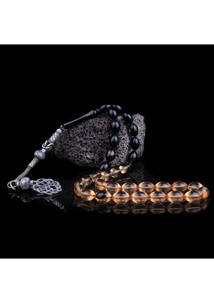 1000 Ayar Kazaz Püsküllü Şeffaf Siyah Ateş Kehribar Tesbih