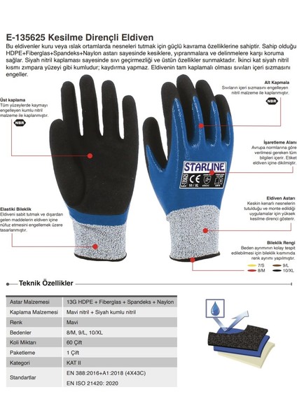 5 Çift Kesilmez Eldiven E-135625 Nitril Köpük Starline 4X43C 10 Numara
